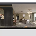 Elegant Living Dining Room Interior With Curved Design Bookshelves Piano Chandelier Column And Window View