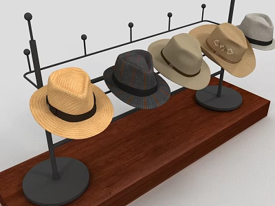 Various Stylish Hats Displayed On Wooden Stand With Metal Holders 3d model