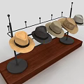 Various Stylish Hats Displayed On Wooden Stand With Metal Holders
