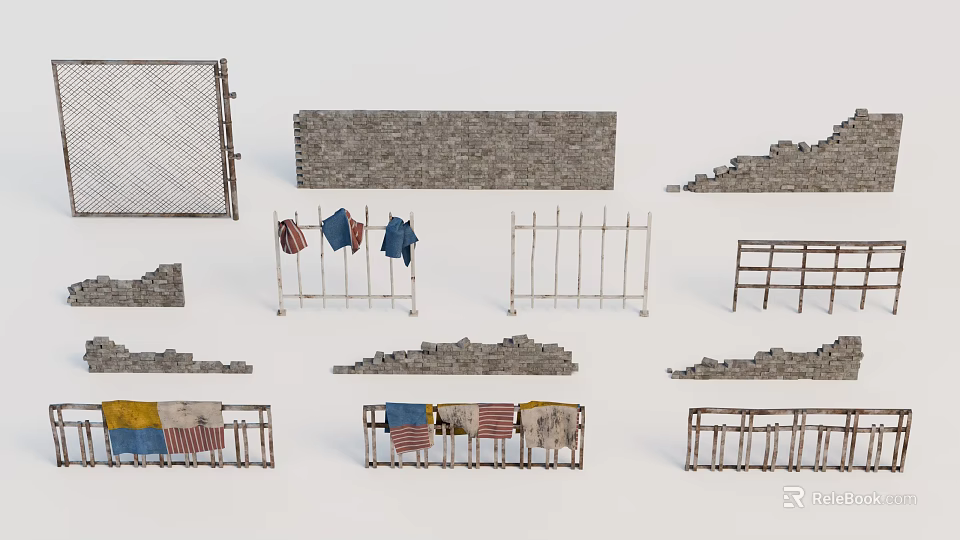 Different Types Of Outdoor Fence Clothesline Stone Wall Steps Components 3d model 