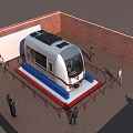 Modern White And Red Metro Train On Display With Brick Walls And Visitors