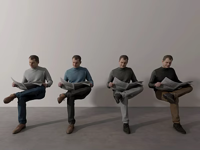 Men Sitting And Reading Newspapers In Different Colored Sweaters Against Gray Wall 3d model