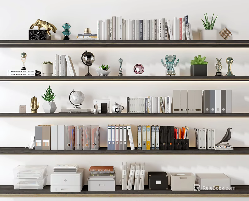 Organized Office Bookshelf With Books Green Plants Decorative Items And Office Supplies 3d model 