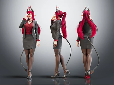 Demon Character In Professional Attire With Red Long Hair Horns Tail Three Views 3d model