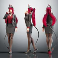Demon Character In Professional Attire With Red Long Hair Horns Tail Three Views
