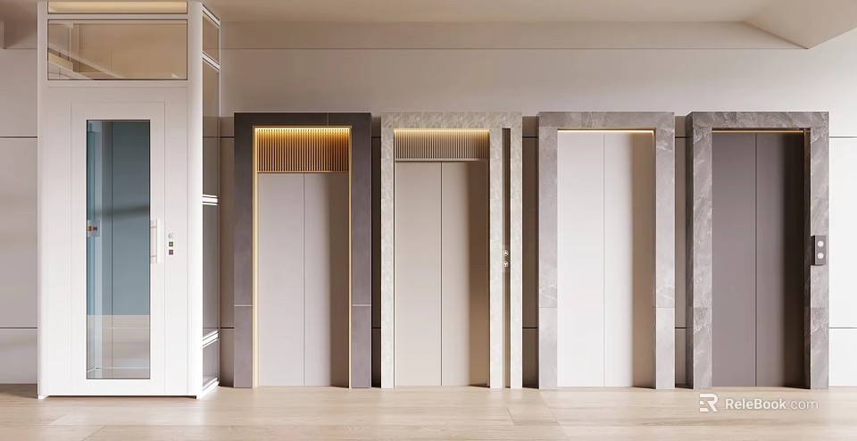 Modern Elevator Doors Design With Marble Panels And Recessed Lighting In Contemporary Hallway 3d model 