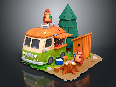 Cute Food Truck Scene With Squirrel Pine Tree Wooden Shed And Stump Table 3d model