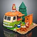 Cute Food Truck Scene With Squirrel Pine Tree Wooden Shed And Stump Table