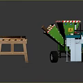 Woodworking Equipment Setup With Green Grinder Blue Lathe And Wooden Workbench With Logs Tools