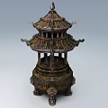Traditional Chinese Stove With Multi Tiered Structure And Decorative Rooftop Antique Metal Craftsmanship