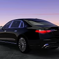 Black Luxury Sedan Parked On Gray Concrete Ground With Sunset Sky Background