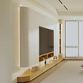 Modern TV Cabinet Design With White Wall Wooden Top Embedded TV And Storage Shelves