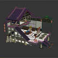 Cartoon Scene of Traditional Japanese Architecture with Classic Roof Stairs Lanterns and Interior Decorative Furniture