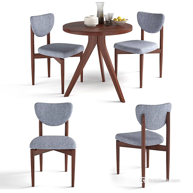 Wooden Round Dining Table Set With Four Gray Upholstered Chairs 3d model