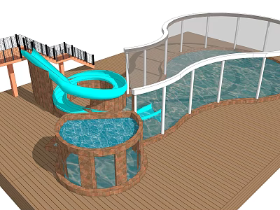 Outdoor Water Play Equipment With Blue Slide Circular Pool And Wooden Deck 3d model