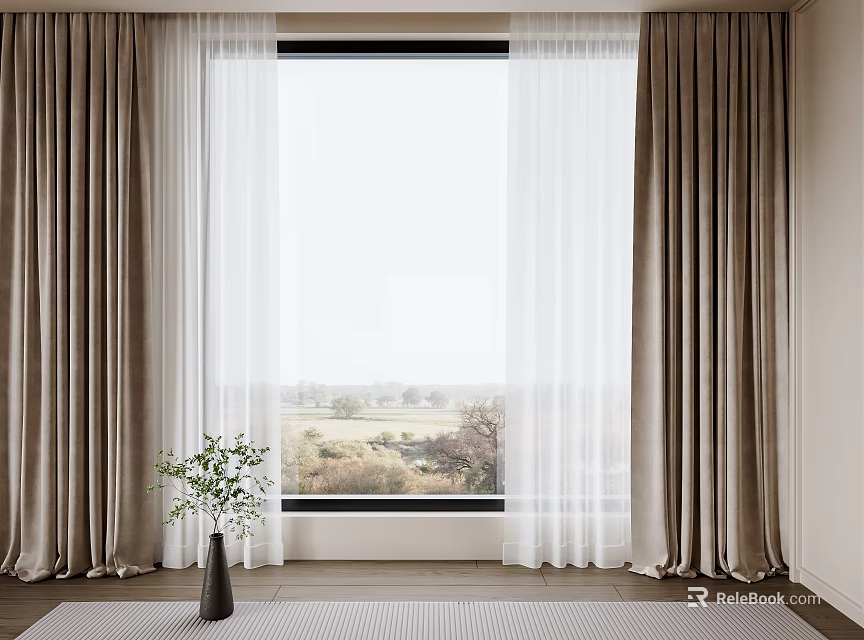 Beige Thick Curtains And White Sheer Panels For Window With Scenic View And Green Plant 3d model 