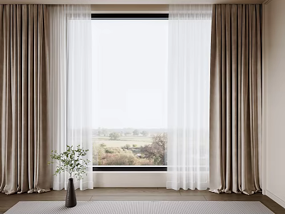 Beige Thick Curtains And White Sheer Panels For Window With Scenic View And Green Plant 3d model