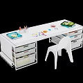 White Desk With Storage Drawers Compartments Colored Pencils Crayons Open Book Papers And White Chair