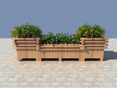 Roadside Facilities Featuring Wooden Planter Boxes With Green Plants and Colorful Flowers on Paved Ground 3d model