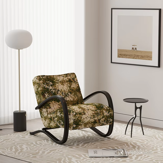 Floral Pattern Accent Chair With Black Curved Armrests Small Round Side Table And Floor Lamp 3d model 