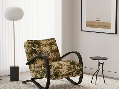 Floral Pattern Accent Chair With Black Curved Armrests Small Round Side Table And Floor Lamp 3d model