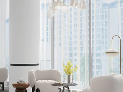 Modern Leisure Sofa Set with Floor-to-Ceiling Windows City View Side Table and Yellow Flowers 3d model