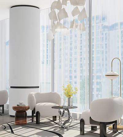 Modern Leisure Sofa Set with Floor-to-Ceiling Windows City View Side Table and Yellow Flowers 3d model