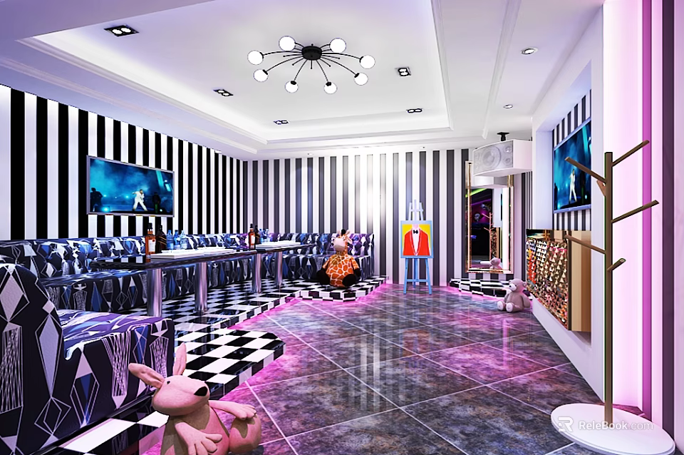 Modern KTV Lounge Interior With Black White Striped Walls Chandelier And Purple Lighting 3d model 