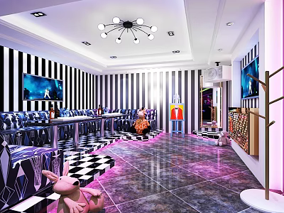 Modern KTV Lounge Interior With Black White Striped Walls Chandelier And Purple Lighting 3d model