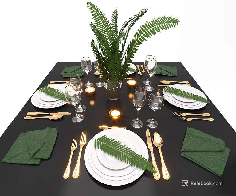 Elegant Dinnerware Set With White Plates Gold Cutlery Green Napkins Wine Glasses On Black Table 3d model 