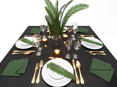 Elegant Dinnerware Set With White Plates Gold Cutlery Green Napkins Wine Glasses On Black Table 3d model