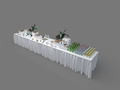 Display Shelf Setup With White Tablecloth Colorful Bottles Plants And Various Items 3d model
