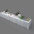 Display Shelf Setup With White Tablecloth Colorful Bottles Plants And Various Items 3d model