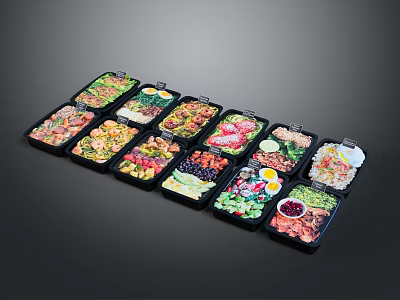 Display Shelves Featuring Organized Black Food Containers With Various Meals Vegetables Meat And Rice 3d model