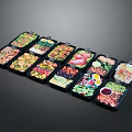 Display Shelves Featuring Organized Black Food Containers With Various Meals Vegetables Meat And Rice