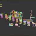 Household Supplies Featuring Yellow Lid Bottles Orange Granules Small Dishes And Storage Boxes