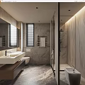 Modern Bathroom Interior Featuring Marble Walls Double Vanity Sinks And Glass Shower Enclosure