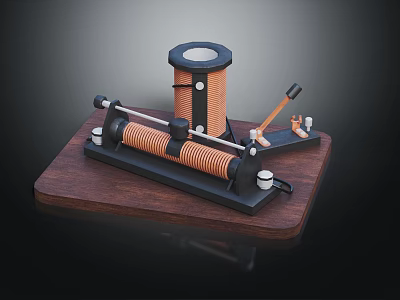 Electromagnetic Experiment Apparatus with Wooden Base Horizontal and Vertical Coils and Metal Rod Components 3d model