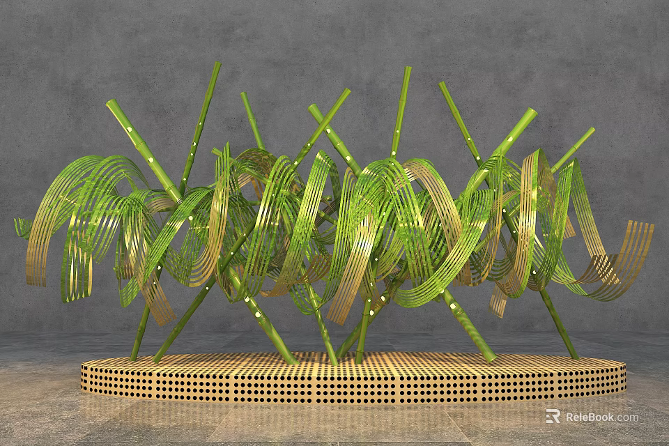Art Installation Featuring Green And Gold Spiral Lines On Grid Platform Base 3d model 