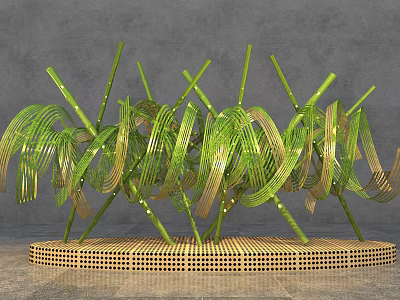Art Installation Featuring Green And Gold Spiral Lines On Grid Platform Base 3d model