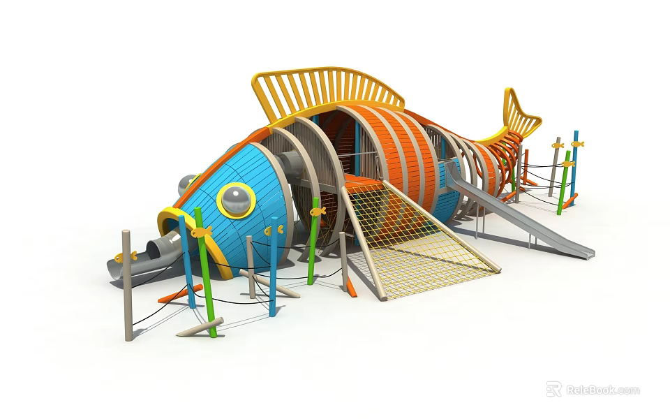 Colorful Fish Shaped Playground Structure With Slide Climbing Net And Bright Elements 3d model