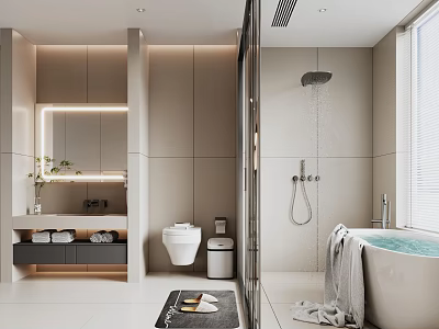 Modern Bathroom Interior Design With Bathtub Shower Toilet Vanity And Mirror Lighting 3d model