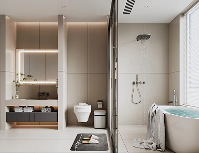 Modern Bathroom Interior Design With Bathtub Shower Toilet Vanity And Mirror Lighting 3d model