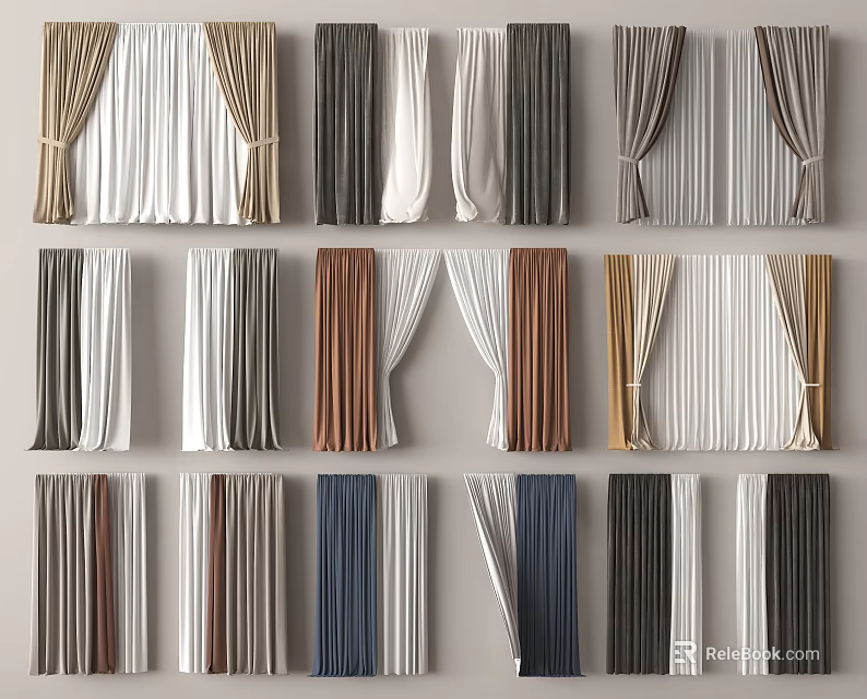 Various Curtain Styles Featuring Soft Fabrics In Neutral And Warm Color Tones 3d model 