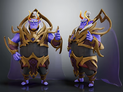Purple Skinned Fantasy Creatures In Golden Armor With Horns And Purple Cloaks 3D Design 3d model