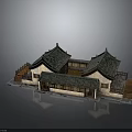 Traditional Chinese Clothing Display In Courtyard With Wooden Structure And Green Roofs