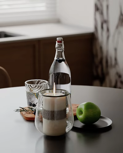 Stylish Decorative Ornament Set with Lit Candle Clear Glass Cup Green Apple and Rosemary 3d model