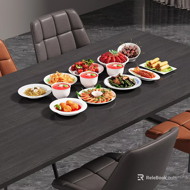 Variety of Delicious Food Dishes Arranged on Dark Dining Table with Colorful Plates 3d model 