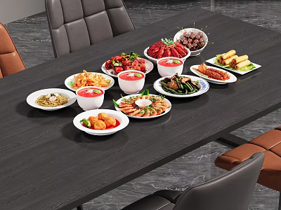 Variety of Delicious Food Dishes Arranged on Dark Dining Table with Colorful Plates 3d model