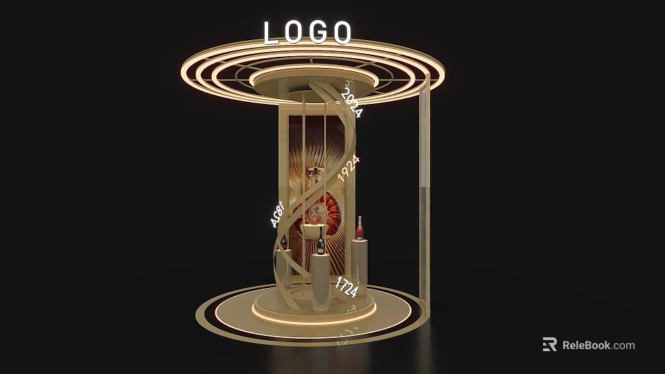 Modern Exhibition Island Design With LOGO Circular Light Strips And Display Items 3d model